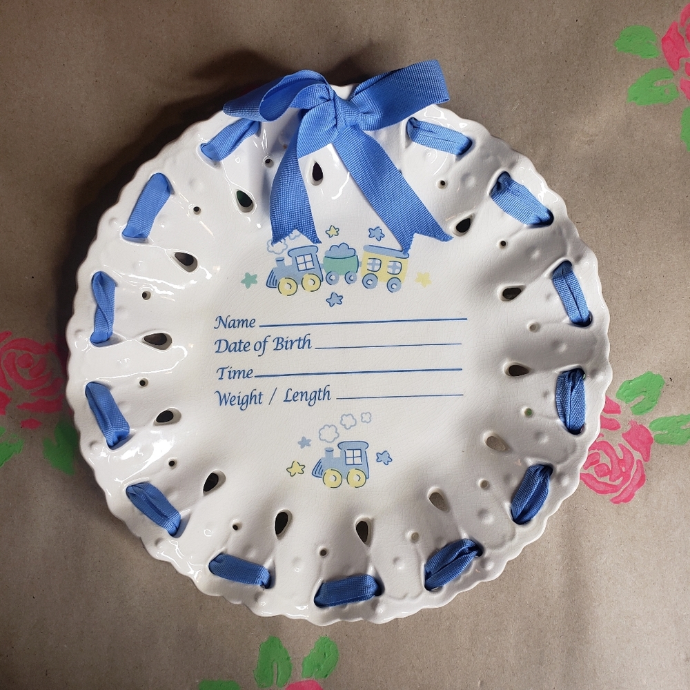 CUDLIE BABY BLUE CERAMIC BIRTH RECORD ANNOUNCEMENT PLATE SWEET BABY ANGE… - Picture 5 of 7